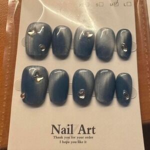 Press On Nails Blue Gray Ombre Silver Accent Short Square‎ Set
